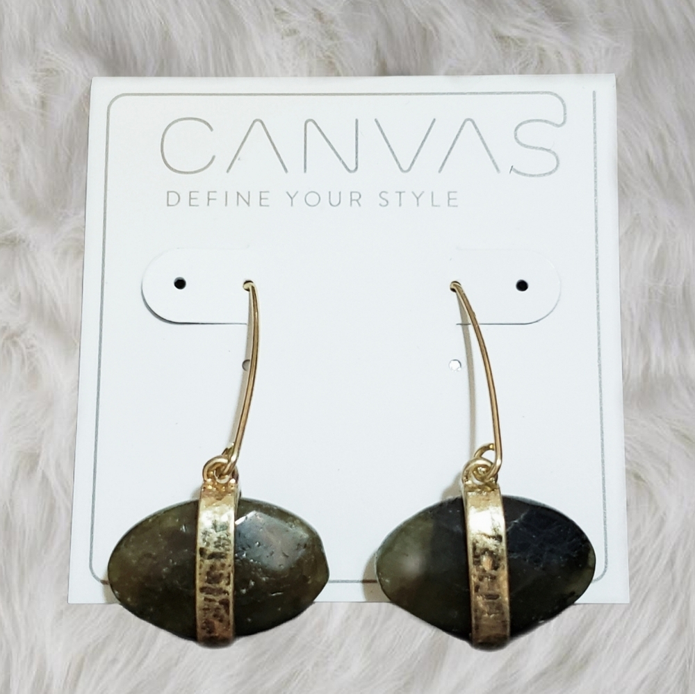 Olive Green Labradorite Oval Earrings Goldtone